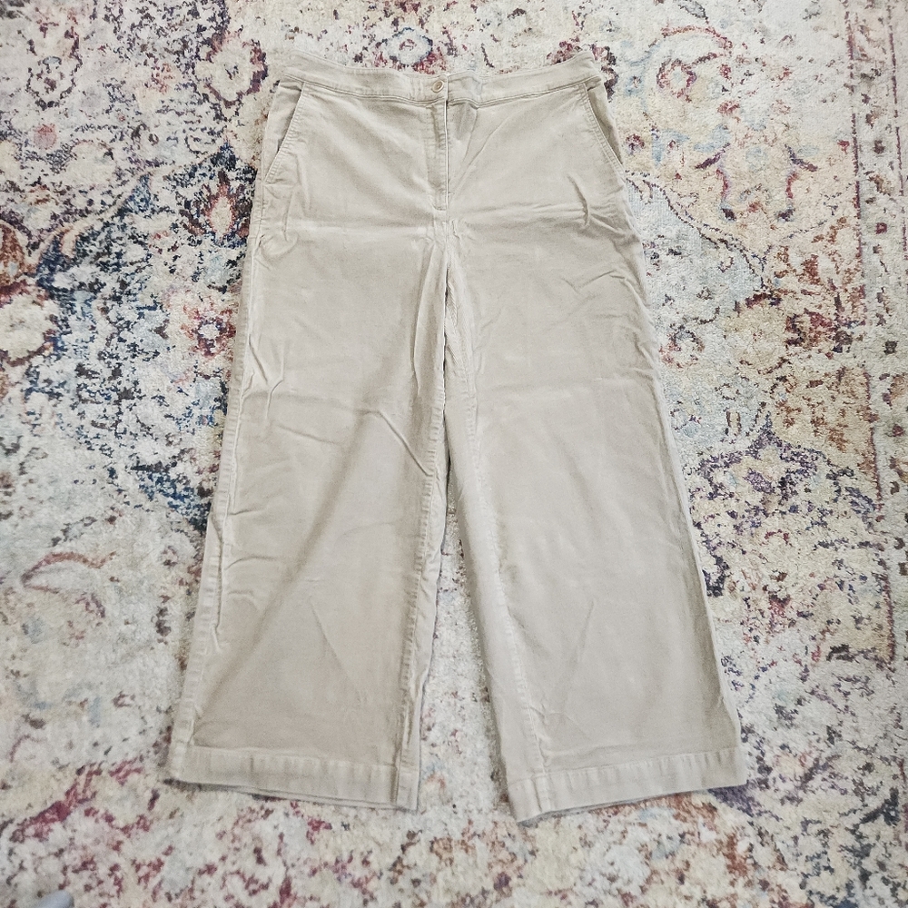 Eileen Fisher Stretch Corduroy Wide-Leg Cropped Pant Pale Sand Tan Sz 14